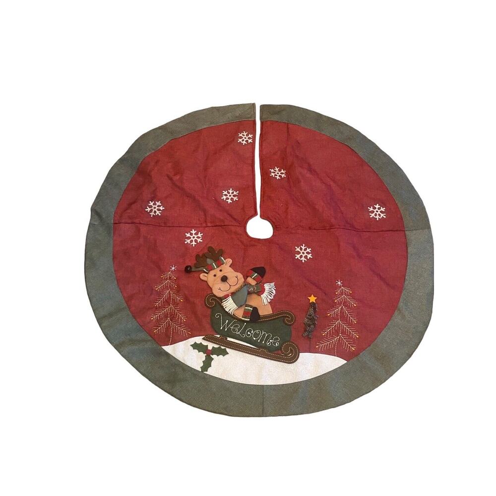 Christmas Tree Skirt Whimsical Skiing Reindeer Green Backing Large 48" Across